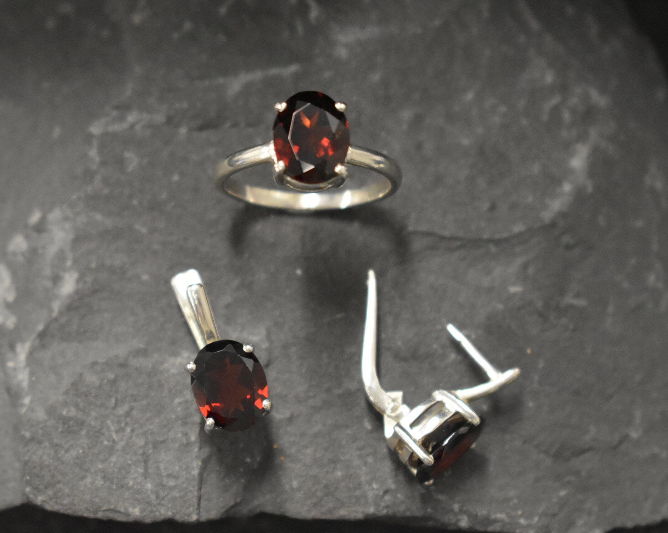 Garnet Earrings, Natural Garnet, January Birthstone, Red Dainty Earrings, Red Diamond Studs, Red Vintage Earrings, Solid Silver Earrings