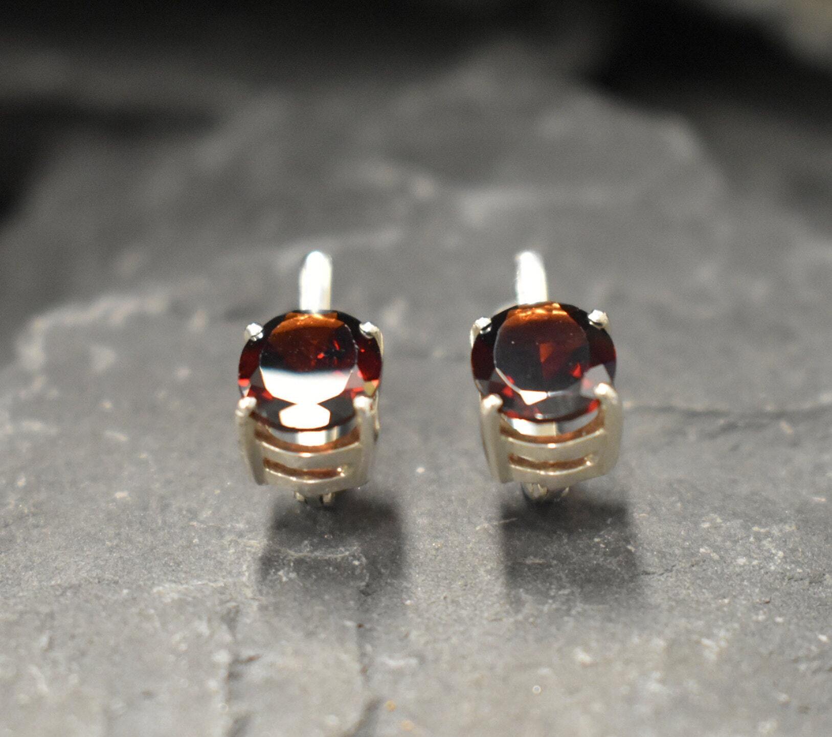 Garnet Earrings, Natural Garnet, January Birthstone, Red Dainty Earrings, Red Diamond Studs, Red Vintage Earrings, Solid Silver Earrings