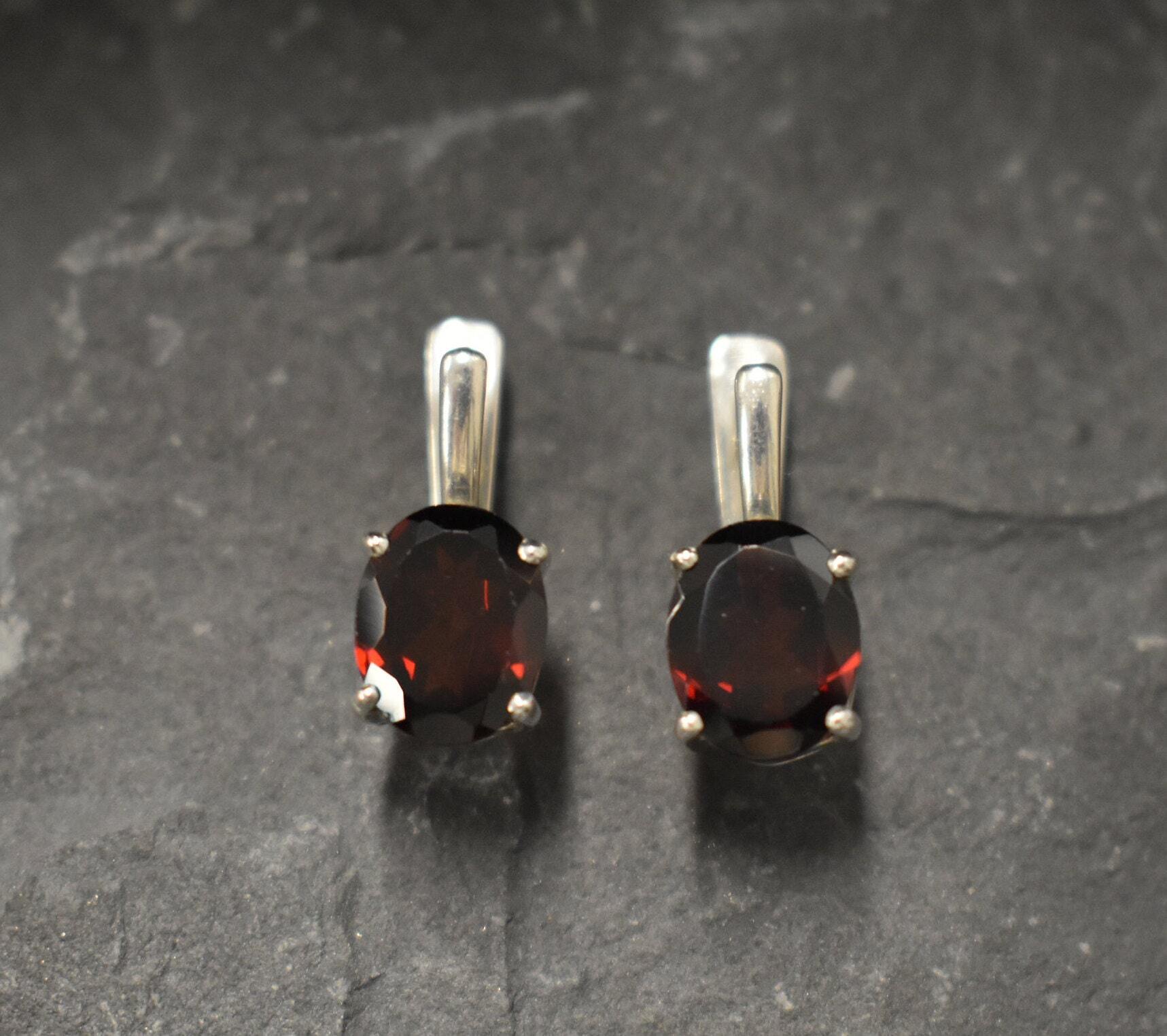 Garnet Earrings, Natural Garnet, January Birthstone, Red Dainty Earrings, Red Diamond Studs, Red Vintage Earrings, Solid Silver Earrings