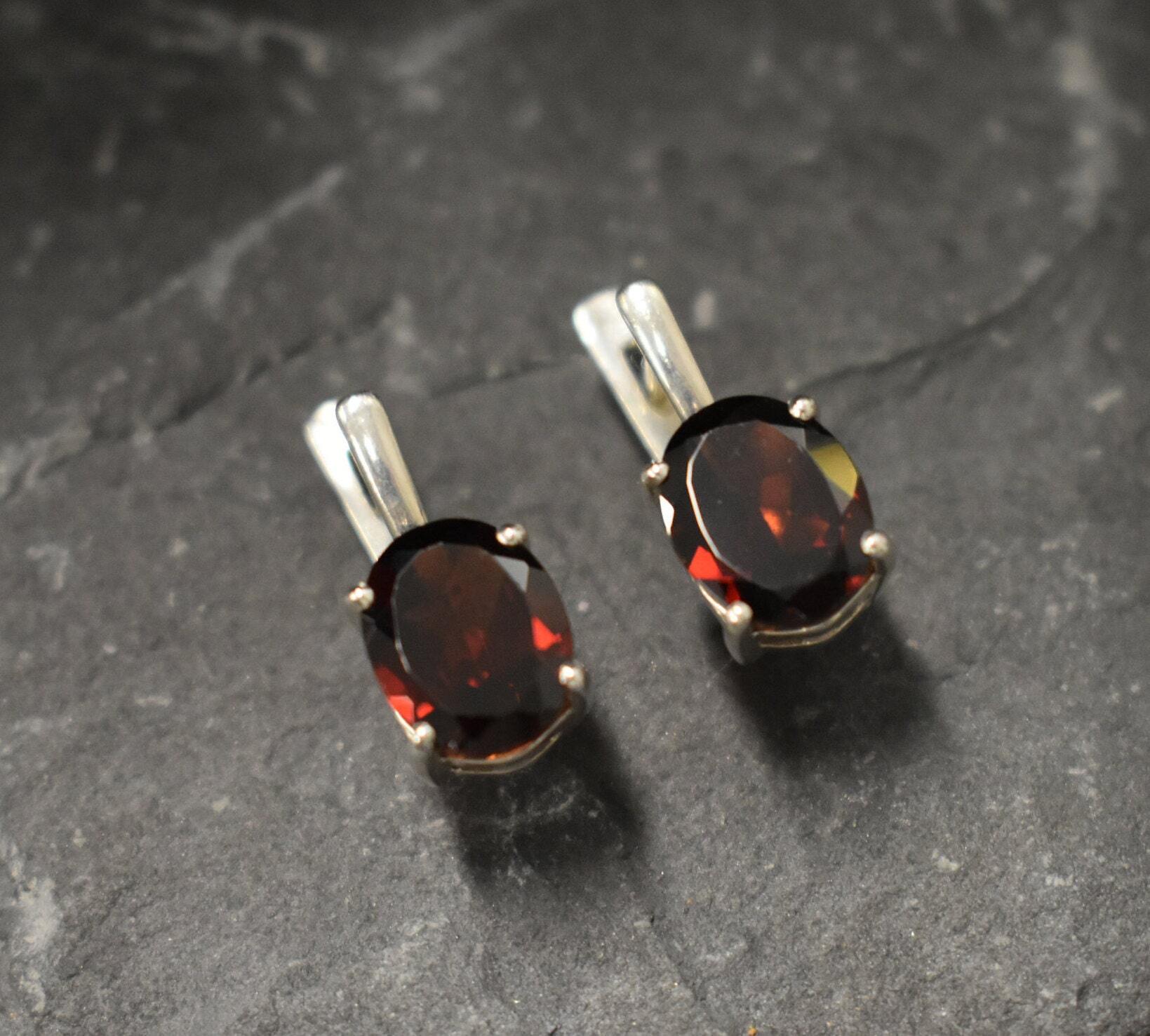 Garnet Earrings, Natural Garnet, January Birthstone, Red Dainty Earrings, Red Diamond Studs, Red Vintage Earrings, Solid Silver Earrings