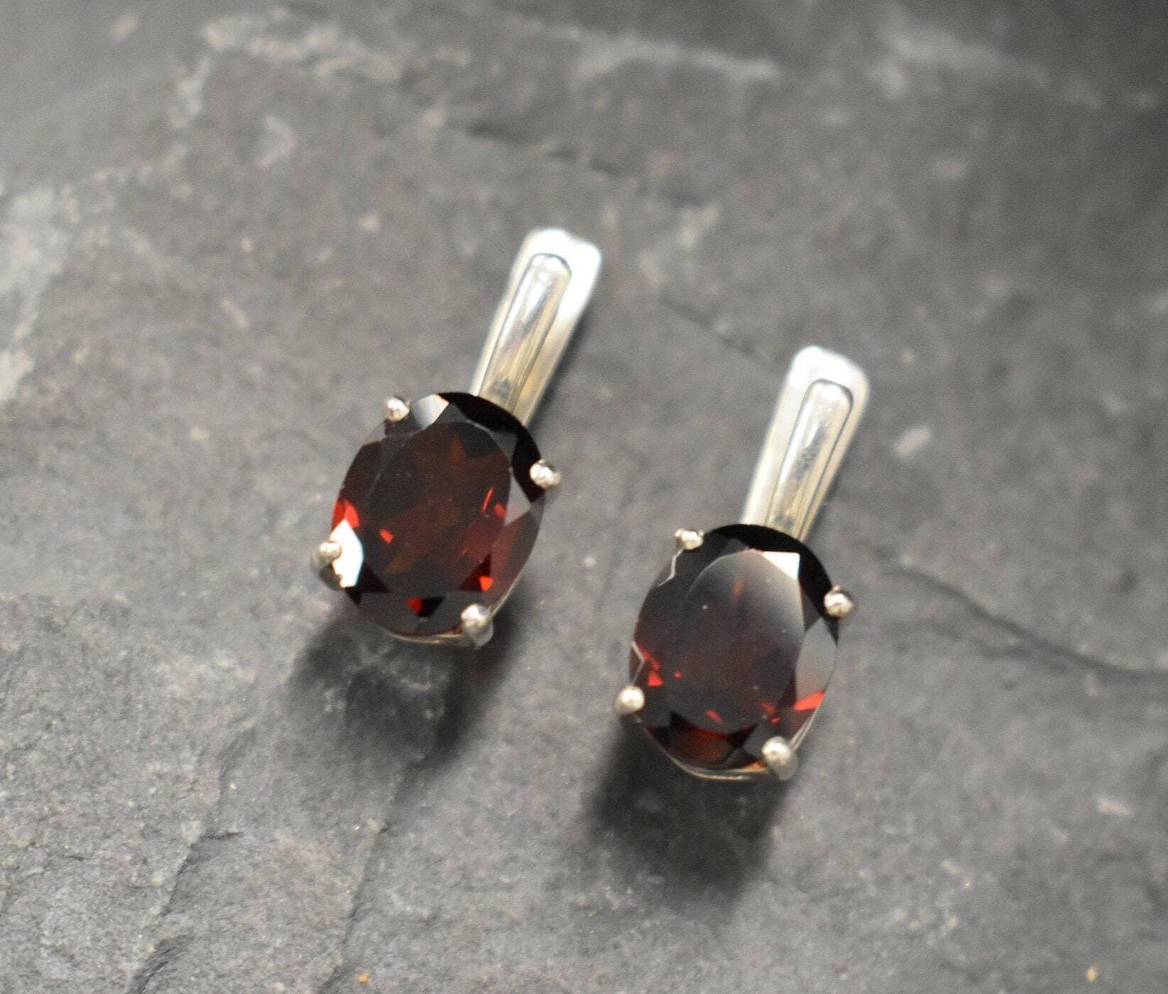 Garnet Earrings, Natural Garnet, January Birthstone, Red Dainty Earrings, Red Diamond Studs, Red Vintage Earrings, Solid Silver Earrings