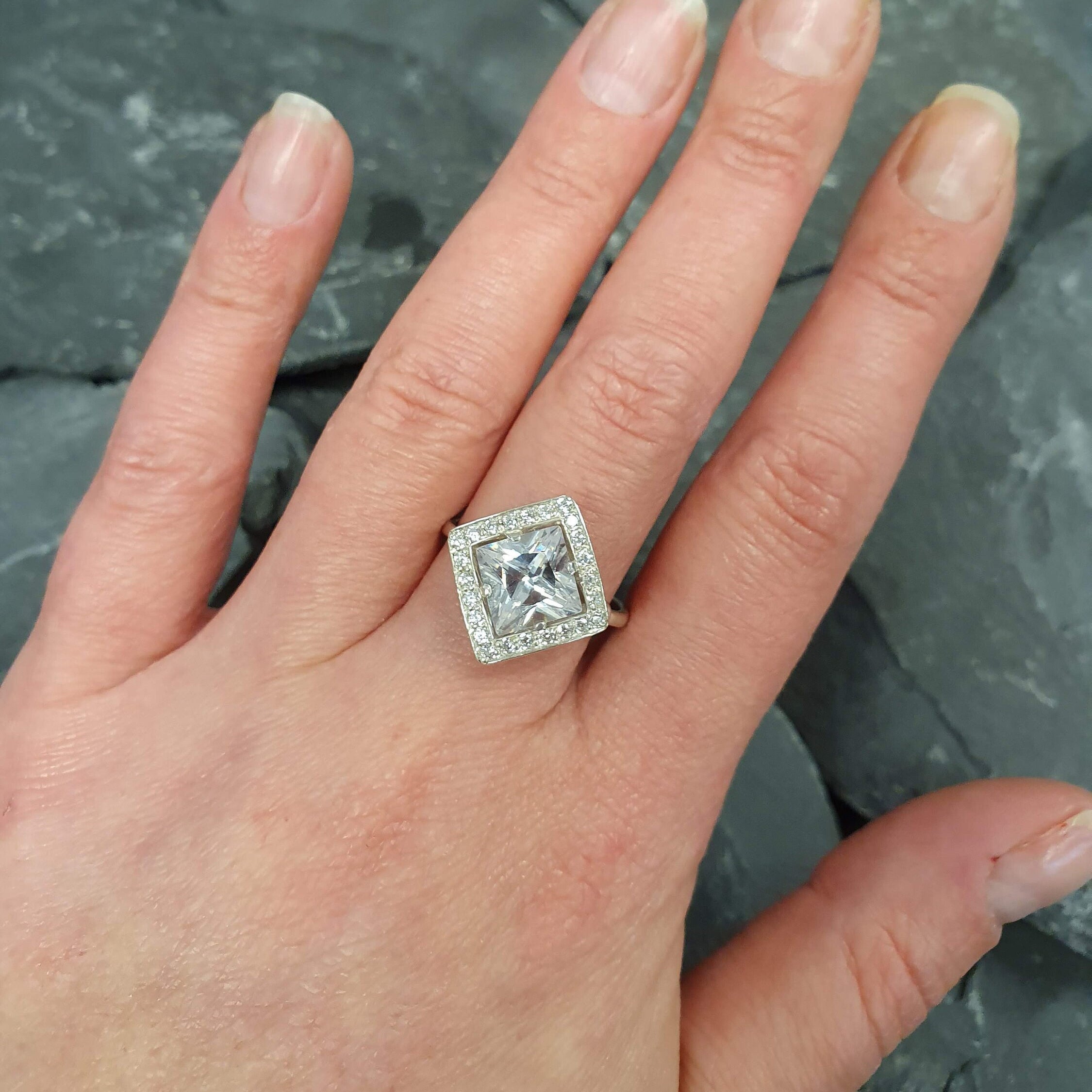 Sparkly Diamond Ring, Created Diamond, Square Ring, Princess Cut, Vintage Ring, Bridal Ring, Clear Diamond Ring, Silver Square Ring, Silver