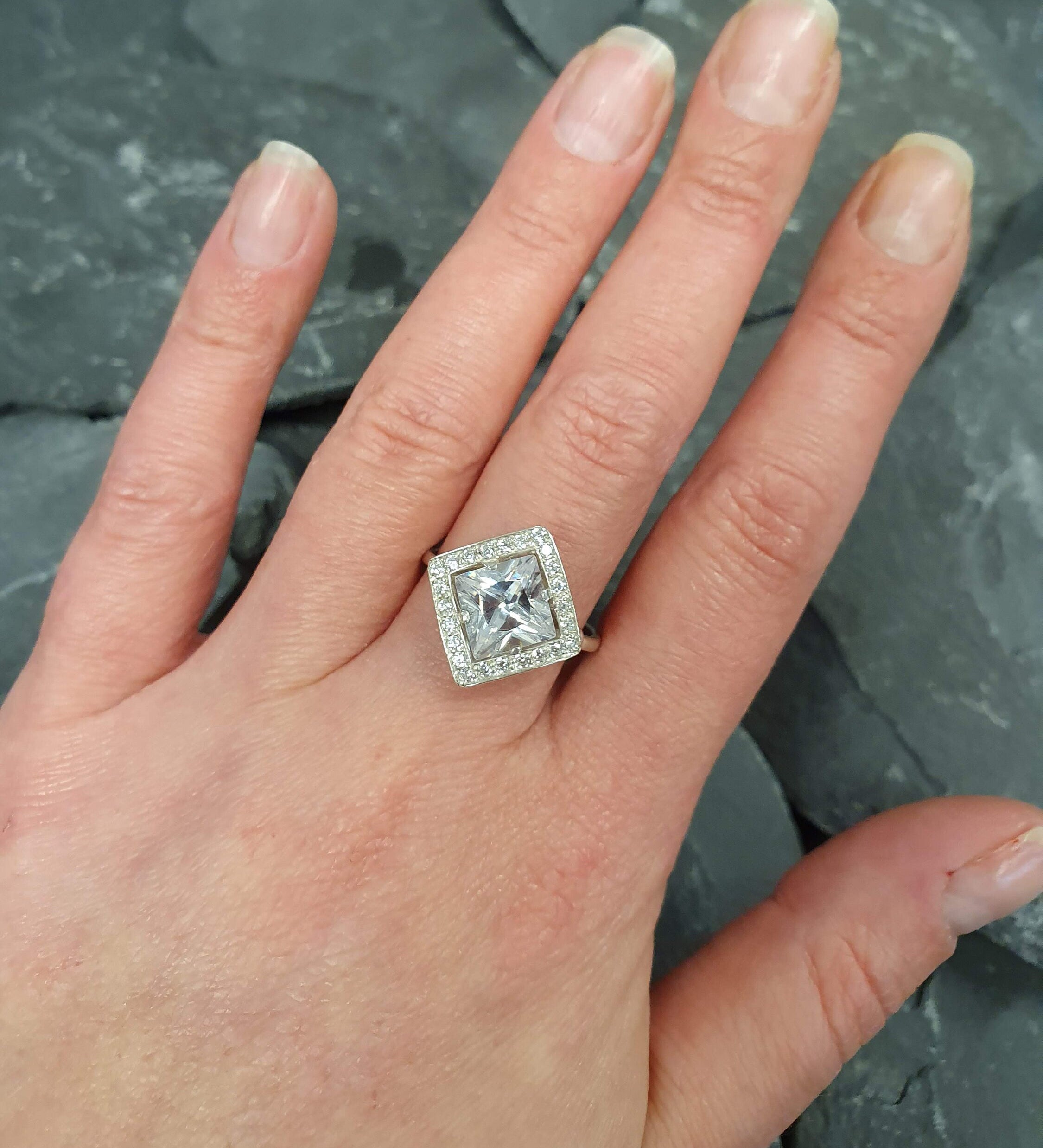 Sparkly Diamond Ring, Created Diamond, Square Ring, Princess Cut, Vintage Ring, Bridal Ring, Clear Diamond Ring, Silver Square Ring, Silver