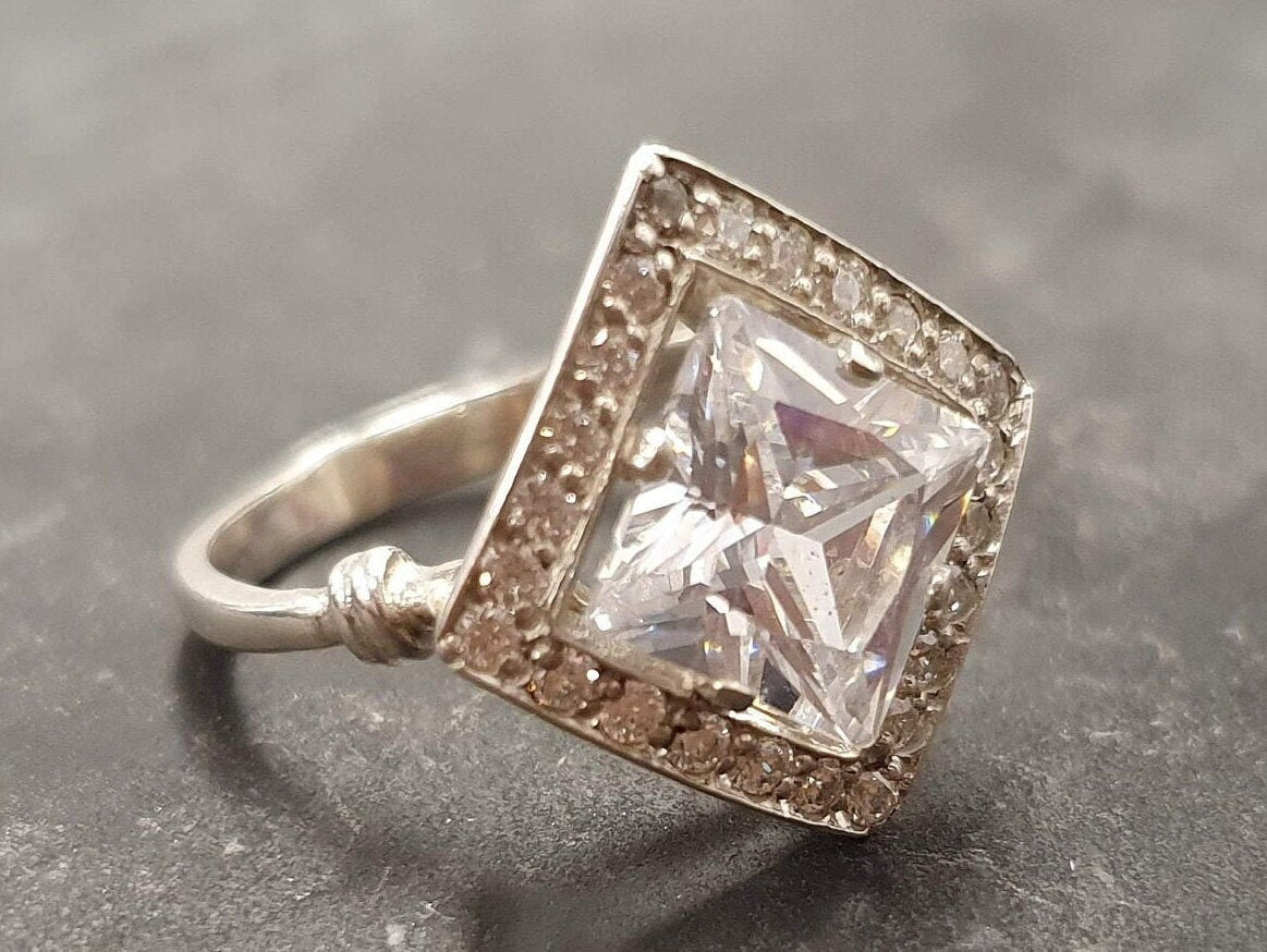 Sparkly Diamond Ring, Created Diamond, Square Ring, Princess Cut, Vintage Ring, Bridal Ring, Clear Diamond Ring, Silver Square Ring, Silver