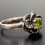 Green Flower Ring - Solitaire Peridot Ring - Vintage Rose Ring