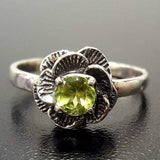 Green Flower Ring - Solitaire Peridot Ring - Vintage Rose Ring