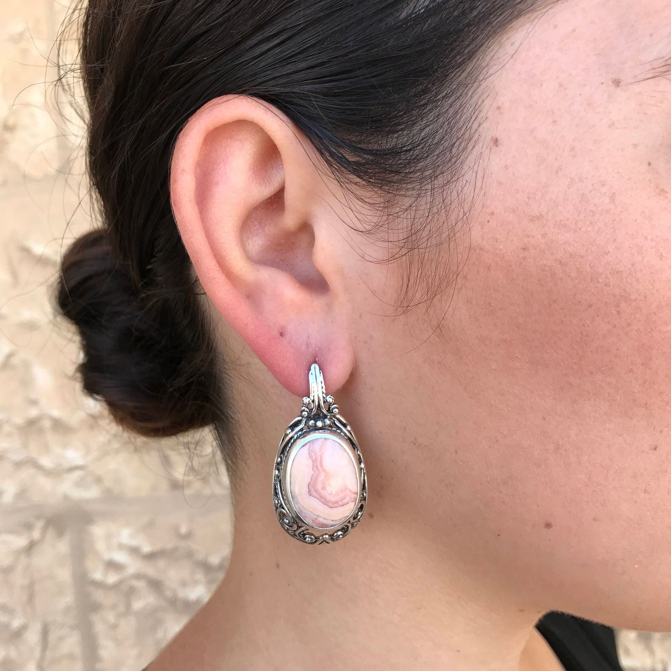 Rhodochrosite Earrings, Large Rhodochrosite, Vintage Earrings, Statement Earrings, Pink Earrings, Large Earrings, Rhodochrosite, Argentina