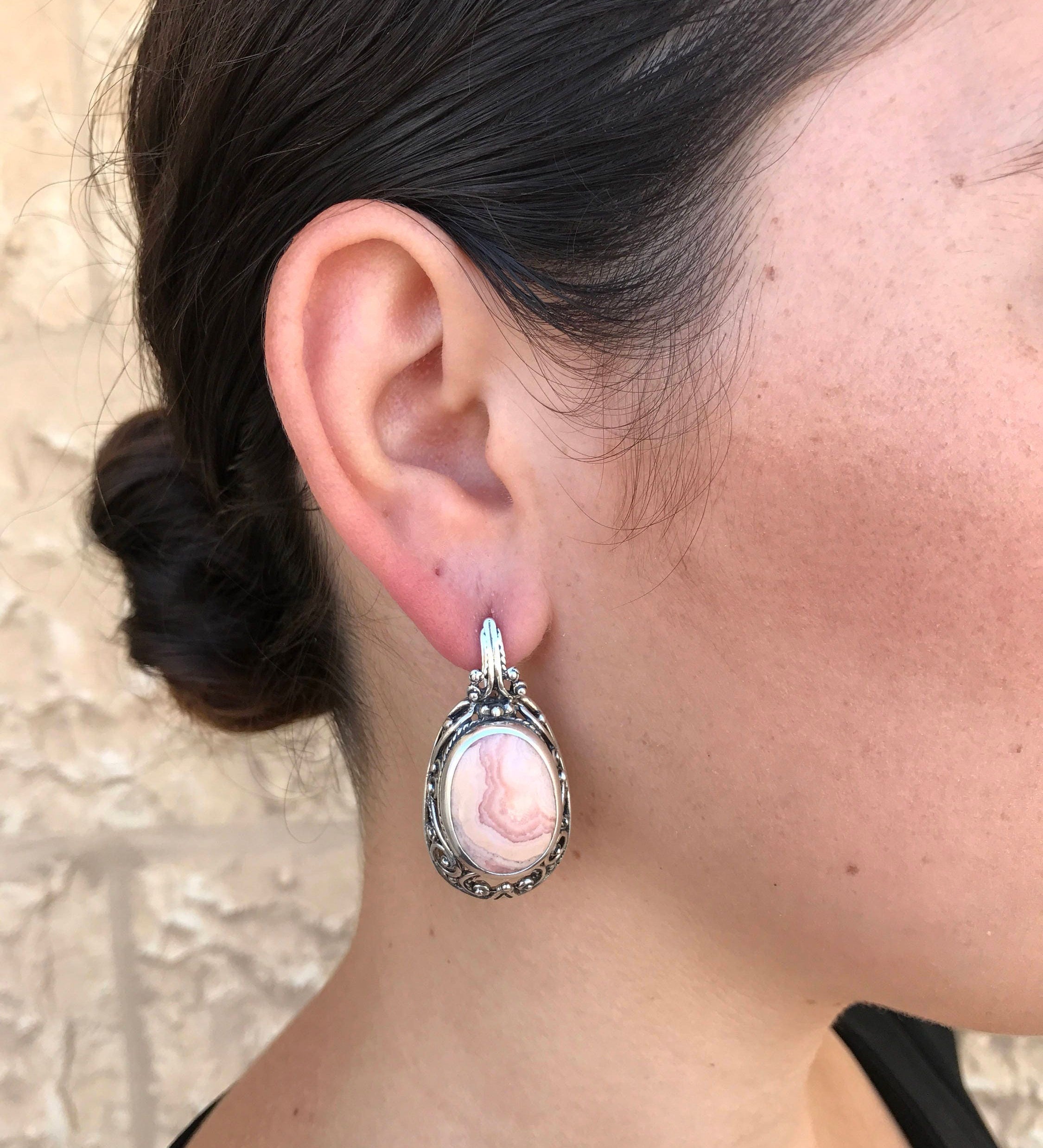 Rhodochrosite Earrings, Large Rhodochrosite, Vintage Earrings, Statement Earrings, Pink Earrings, Large Earrings, Rhodochrosite, Argentina
