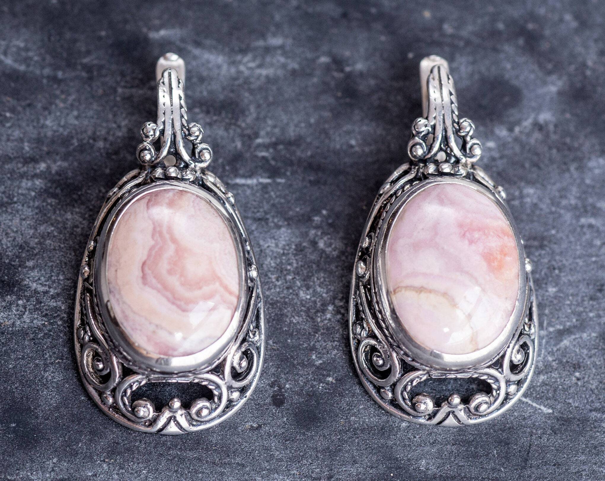Rhodochrosite Earrings, Large Rhodochrosite, Vintage Earrings, Statement Earrings, Pink Earrings, Large Earrings, Rhodochrosite, Argentina