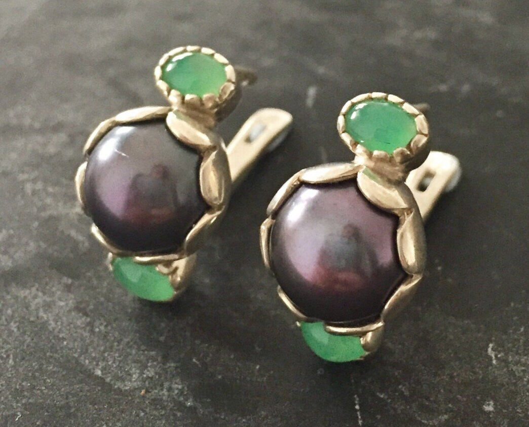 Pearl Earrings, Natural Pearl, Chrysoprase Earrings, Natural Chrysoprase, June Birthstone, May Birthstone, Vintage Pearl, Silver Earrings