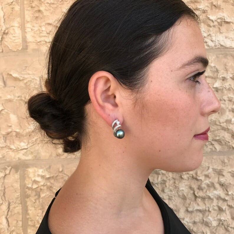 Black Pearl Earrings, Natural Black Pearl, Swirl Earrings, June Birthstone, Vintage Earrings, Large Stud Earrings, Solid Silver Earrings