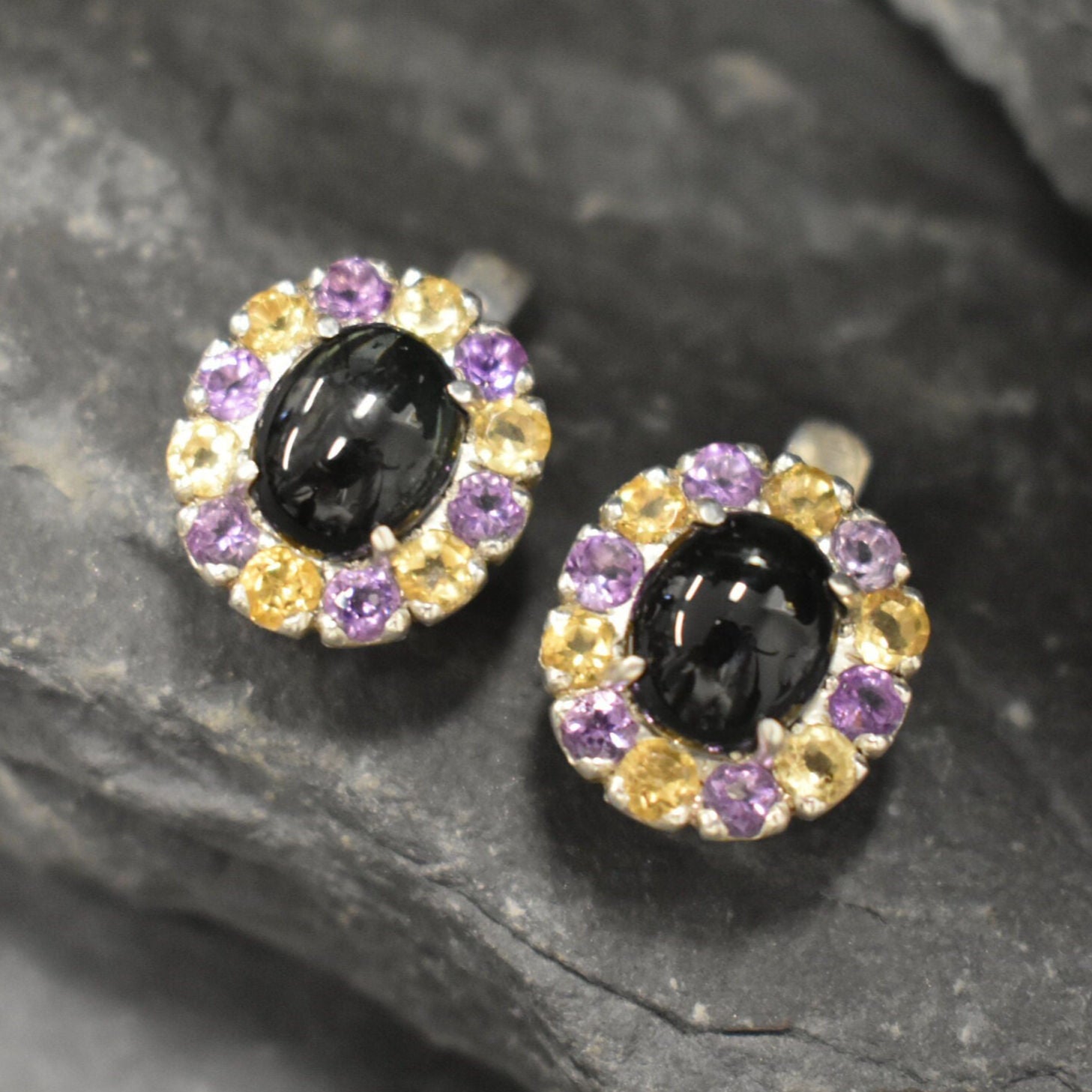 Onyx Earrings, Natural Onyx, December birthstone, Victorian Earrings, Black Vintage Earrings, Multistone Earrings, Solid Silver Earrings