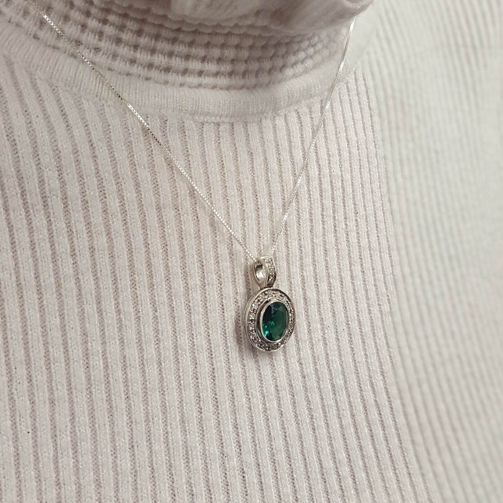Elegant 925 Sterling Silver Emerald Pendant featuring an Oval Created Green Emerald, perfect for birthdays and special occasions.