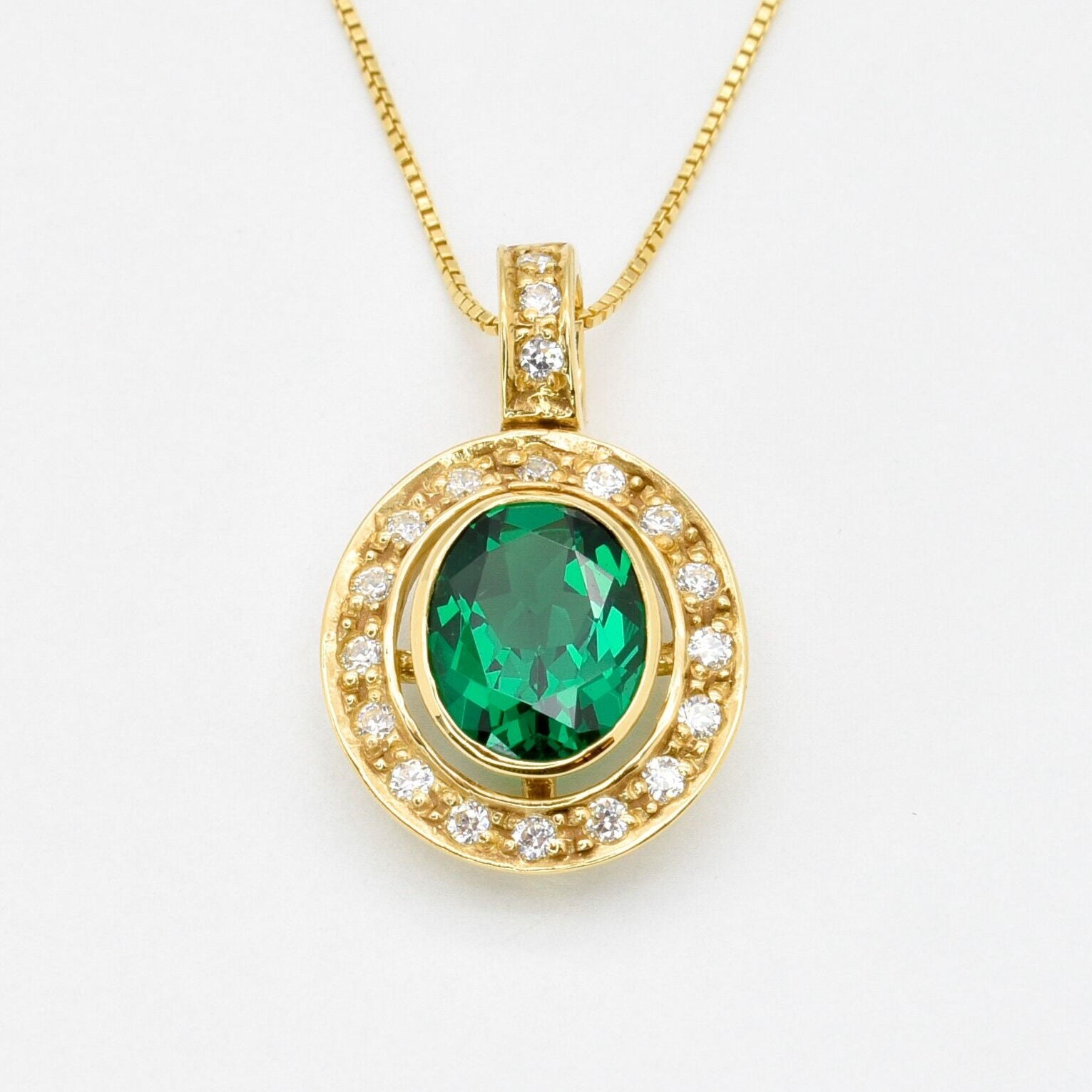Created Emerald Pendant made in 18k Gold Vermeil with Oval Created Green Emerald in Bezel setting, May Birthstone gift idea, symbolizes, ideal for everyday wear and perfect for birthday gifting and special occasions.