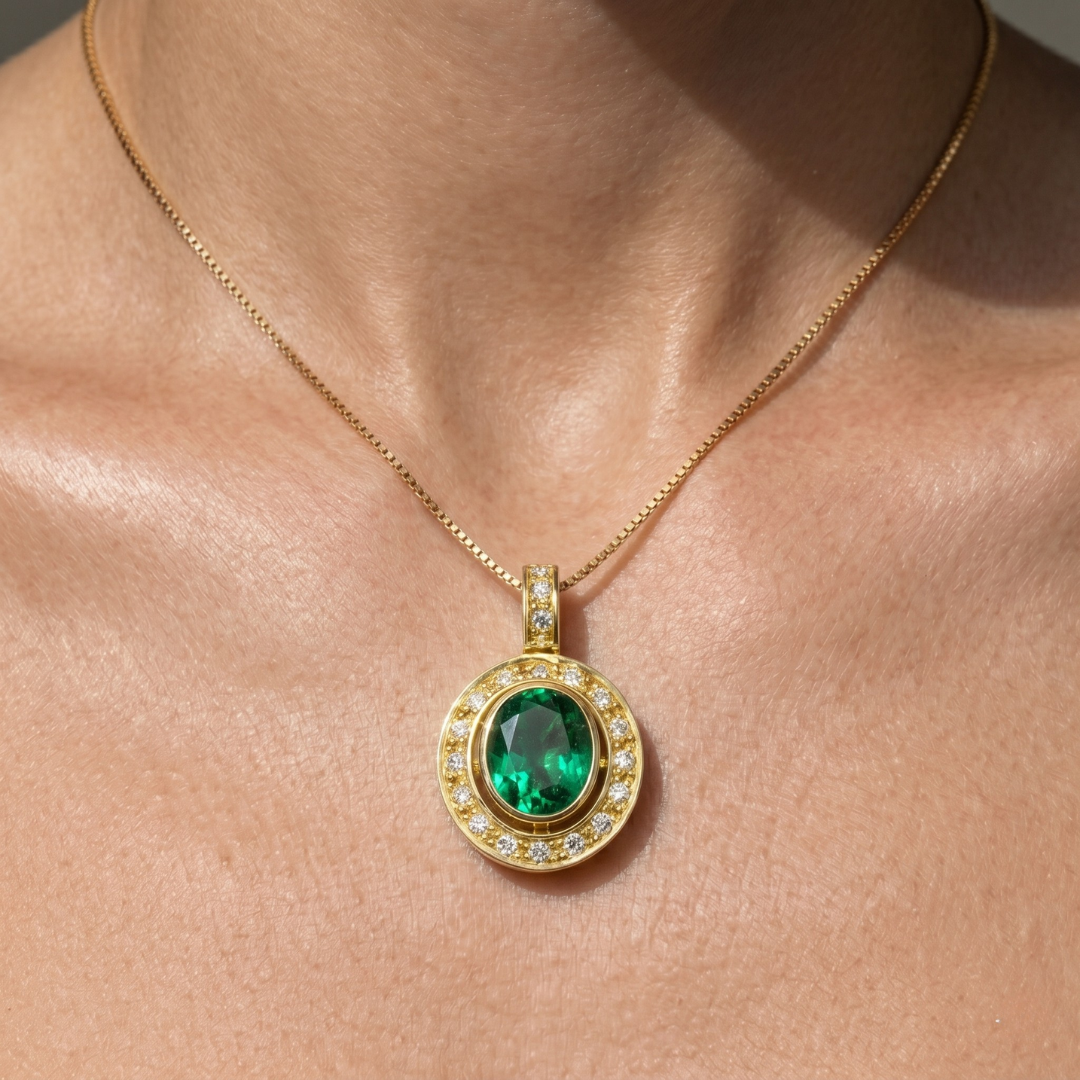 Elegant 18k Gold Vermeil Emerald Pendant with Oval Created Green Emerald, perfect for May birthdays and everyday elegance.