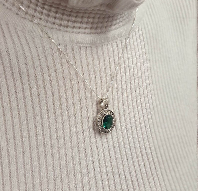 Elegant 18k Gold Vermeil Emerald Pendant with Oval Created Green Emerald, perfect for May birthdays and everyday elegance.