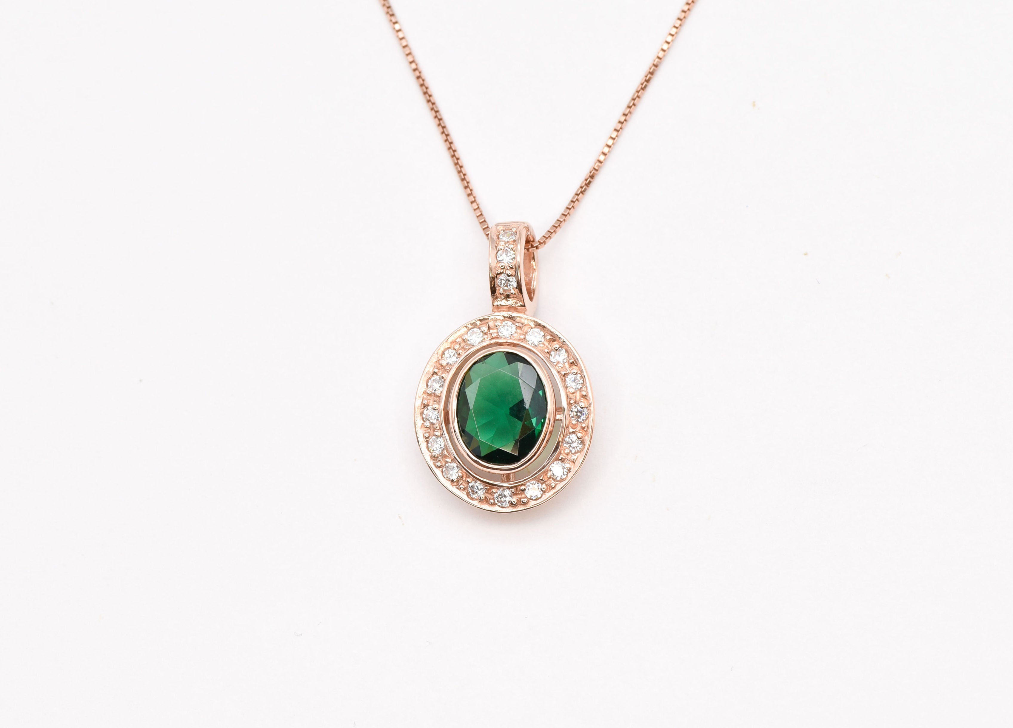 Created Emerald Pendant made in Rose Gold Vermeil with Oval Created Green Emerald in Bezel setting, May Birthstone gift idea, symbolizes, ideal for everyday wear and perfect for birthday gifting and special occasions.