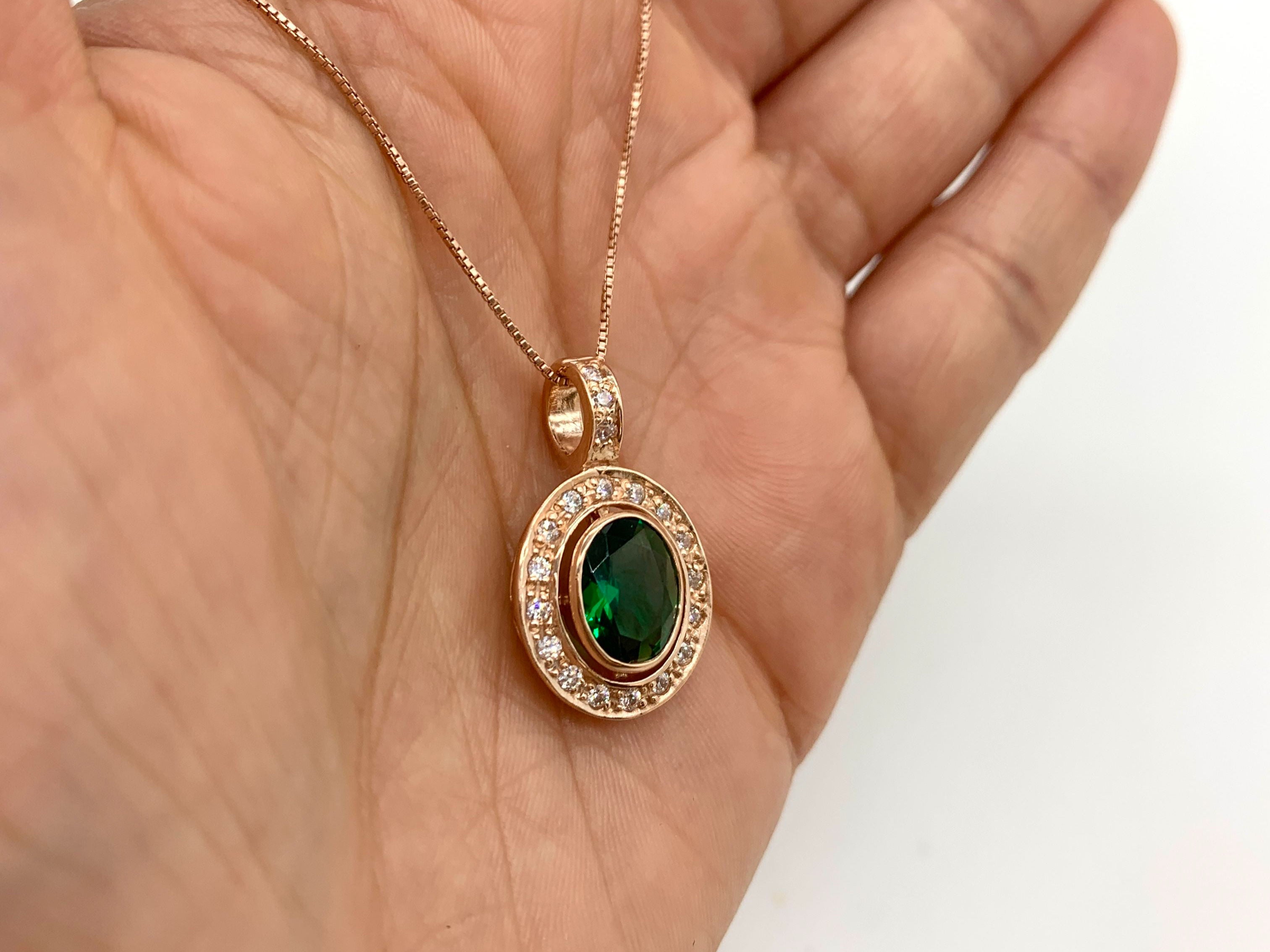 Rose Gold Vermeil Emerald Pendant featuring oval Created Green Emerald, perfect May birthday gift and elegant everyday jewelry.