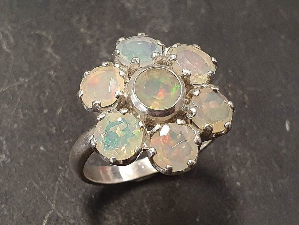 Ethiopian Opal Ring, Fire Opal Ring, Flower Ring, Vintage Ring, October Birthstone, Promise Ring, Daisy Ring, White Ring, Solid Silver Ring