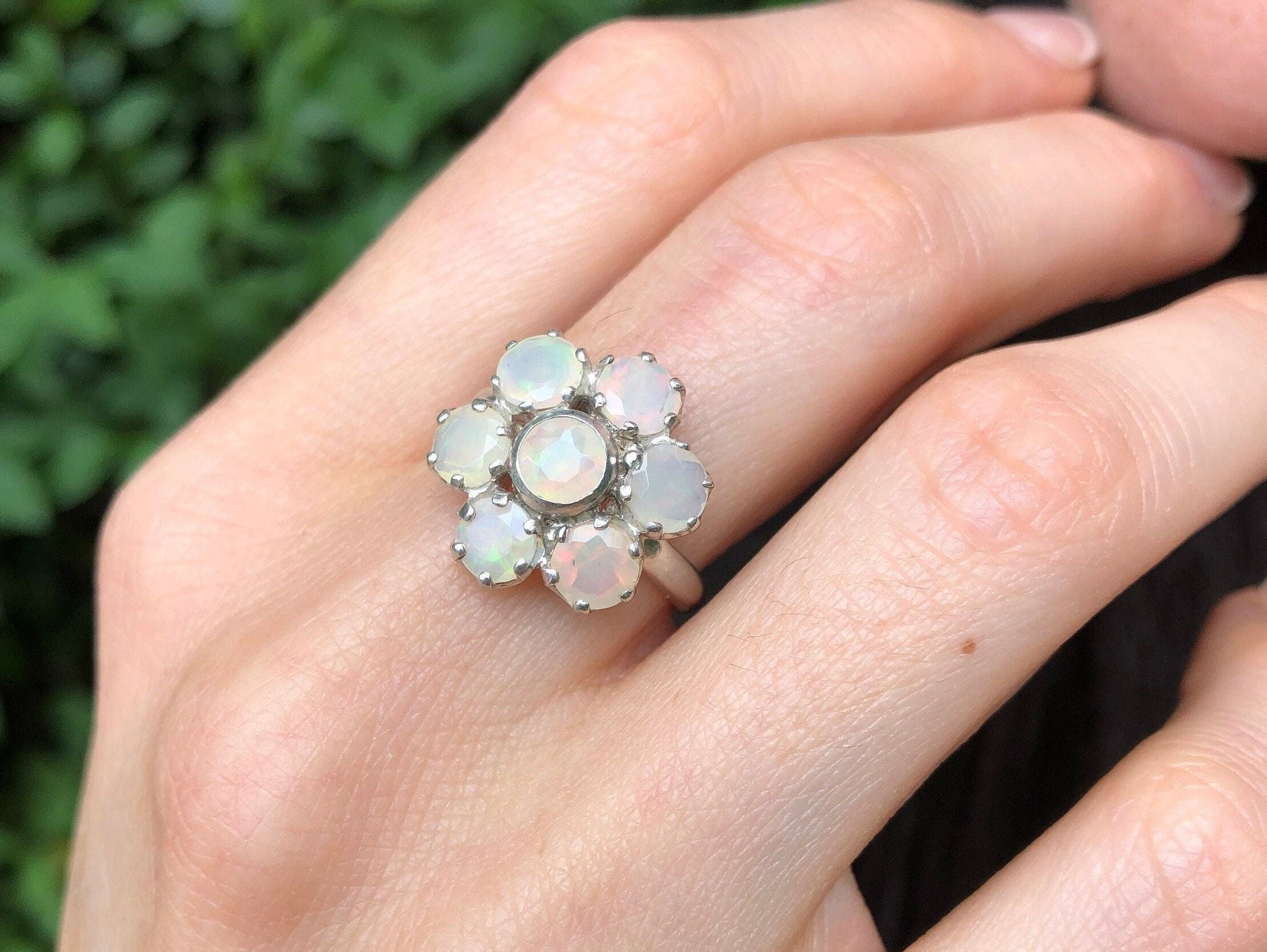 Ethiopian Opal Ring, Fire Opal Ring, Flower Ring, Vintage Ring, October Birthstone, Promise Ring, Daisy Ring, White Ring, Solid Silver Ring