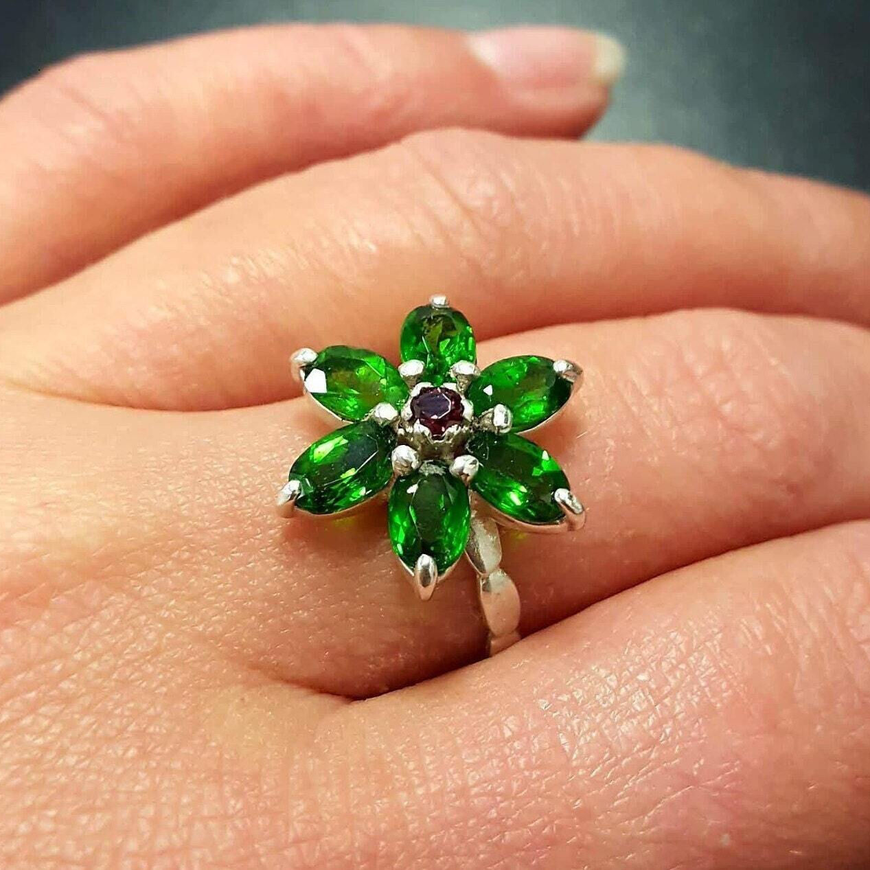 Flower Ring, Chrome Diopside Ring, Inspirational Ring, Pink Tourmaline, Green Flower Ring, Vintage Ring, Bright Ring, Solid Silver Ring