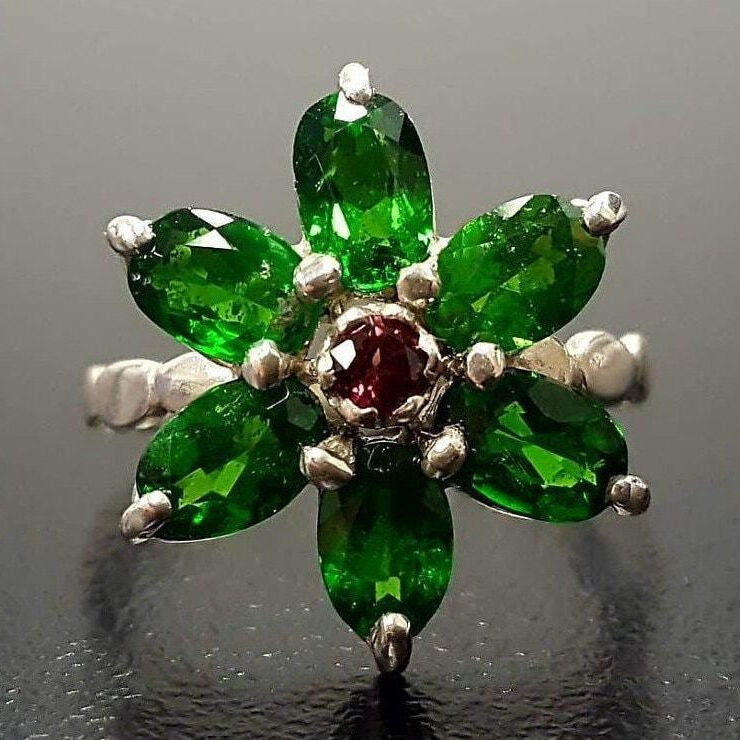 Flower Ring, Chrome Diopside Ring, Inspirational Ring, Pink Tourmaline, Green Flower Ring, Vintage Ring, Bright Ring, Solid Silver Ring