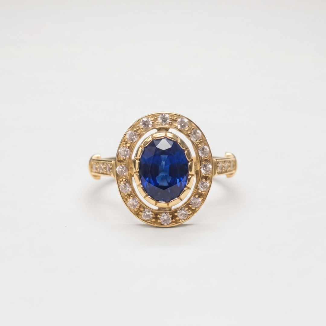 Created Sapphire Ring made in 18k Gold Vermeil with Baguette Created Blue Sapphire in Halo setting, September Birthstone gift idea, symbolizes sincerity, truth, and faithfulness, ideal for everyday wear and perfect for birthday gifting and special occasions.