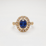 Created Sapphire Ring made in 18k Gold Vermeil with Baguette Created Blue Sapphire in Halo setting, September Birthstone gift idea, symbolizes sincerity, truth, and faithfulness, ideal for everyday wear and perfect for birthday gifting and special occasions.