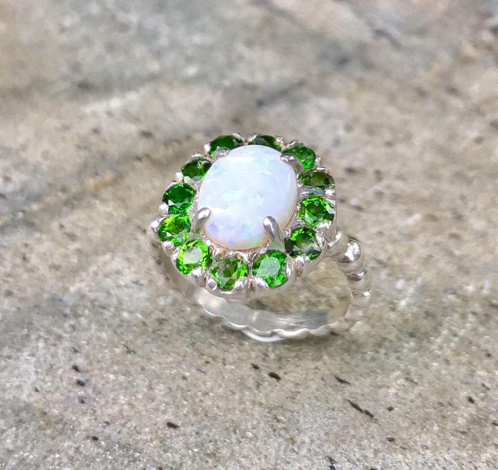 Fire Opal Ring, Natural Opal, Victorian Ring, Chrome Diopside Ring, Vintage Rings, October Birthstone, Antique Ring, Sterling Silver Ring