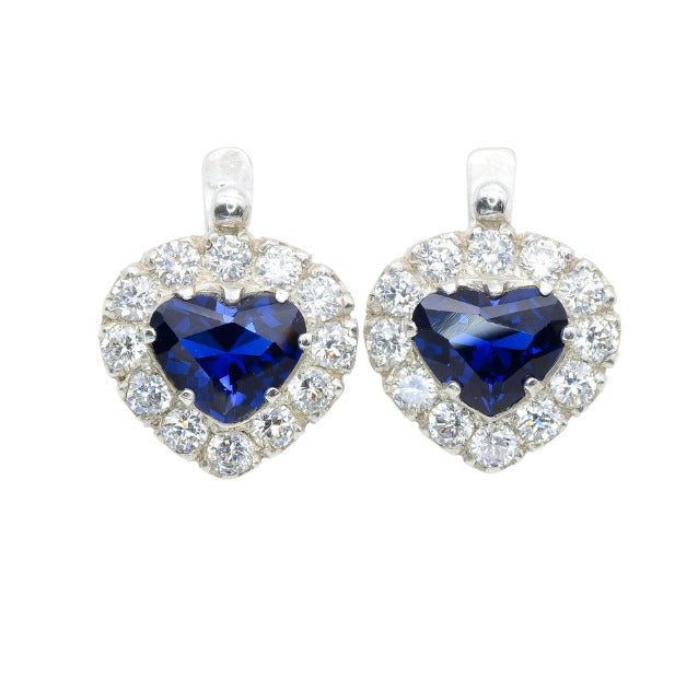 Created Sapphire Earrings made in 925 Sterling Silver with Heart Created Blue Sapphire in Halo setting, September Birthstone gift idea, symbolizes sincerity, truth, and faithfulness, ideal for everyday wear and perfect for birthday gifting and special occasions.