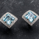 Vintage Blue Topaz Earrings - Blue Gemstone Square Studs - December Birthstone Earrings