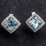 Vintage Blue Topaz Gold Earrings, Natural Blue Topaz Earrings, Square Blue Topaz Studs