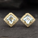 Vintage Blue Topaz Earrings - Blue Gemstone Square Studs - December Birthstone Earrings