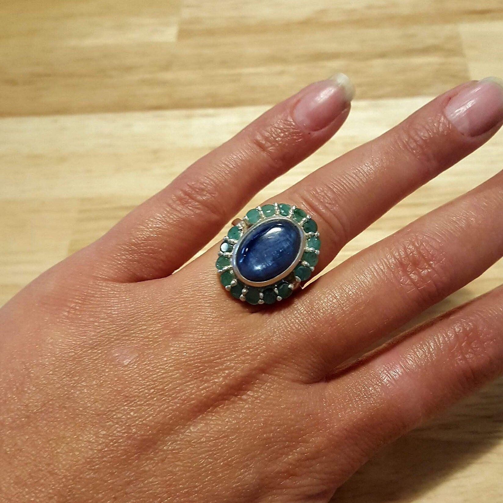 Victorian Blue Ring, Blue Kyanite Ring, Emerald Ring, Natural Stones, Vintage Rings, Large Stone Ring, Solid Silver Ring, Emerald, Kyanite