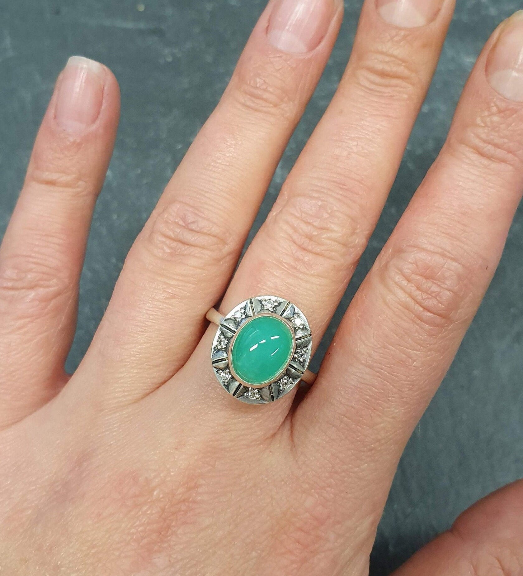 Chrysoprase Ring, Natural Chrysoprase, Bohemian Ring, Green Ring, Oval Ring, Vintage Ring, Green Boho Ring, Artistic Ring, Solid Silver Ring