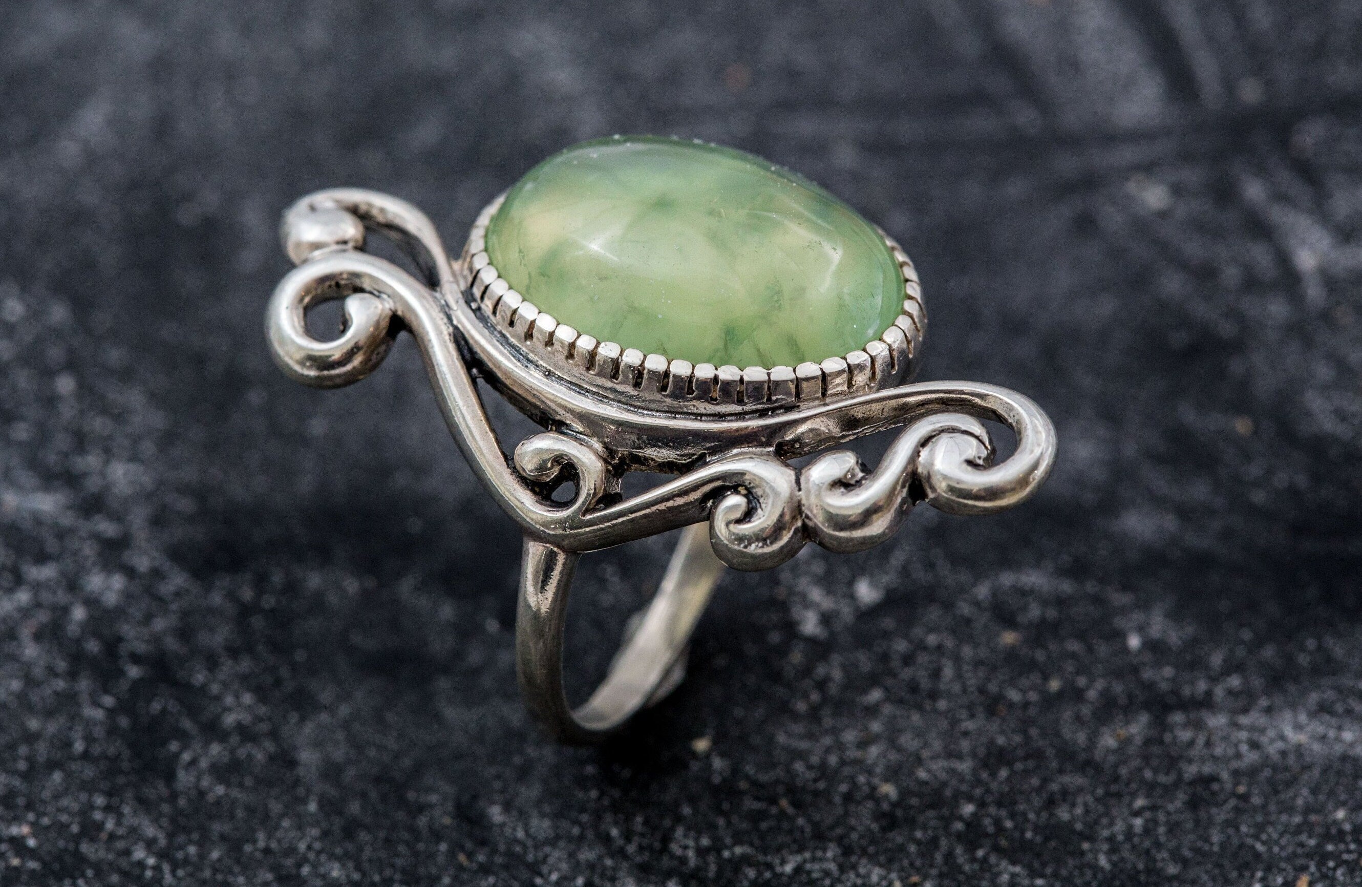 Large Prehnite Ring, Statement Ring, May Birthstone, Antique Ring, Large Artistic Ring, Green Vintage Ring, Ornament Ring, Solid Silver Ring
