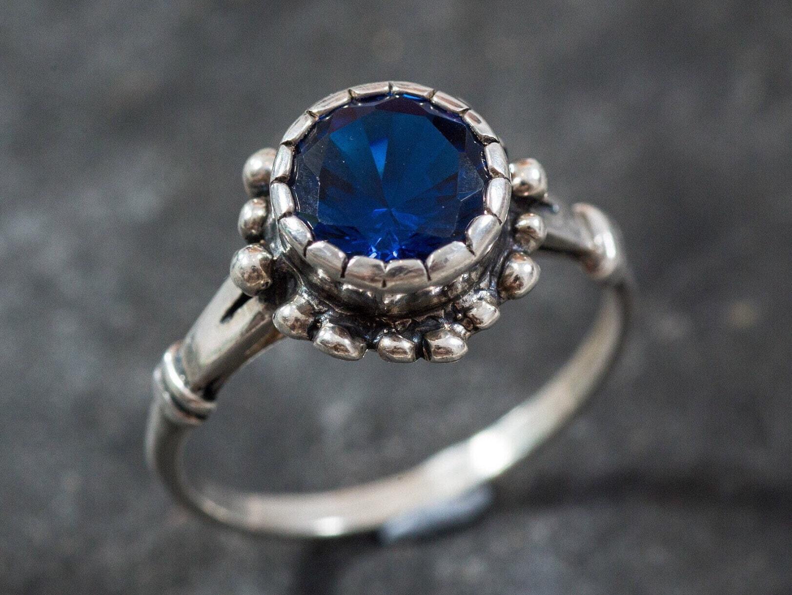 Created Sapphire Ring made in 925 Sterling Silver with Round Created Blue Sapphire in Prong setting, September Birthstone gift idea, symbolizes sincerity, truth, and faithfulness, ideal for everyday wear and perfect for birthday gifting and special occasions.