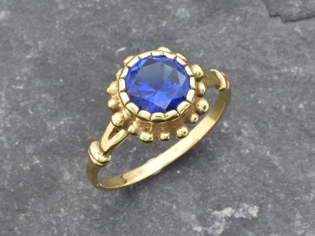 Created Sapphire Ring made in 18k Gold Vermeil with Round Created Blue Sapphire in Prong setting, September Birthstone gift idea, symbolizes sincerity, truth, and faithfulness, ideal for everyday wear and perfect for birthday gifting and special occasions.