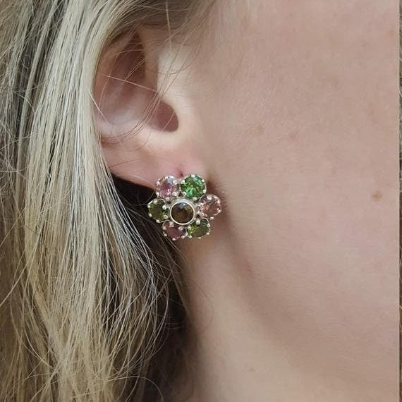 Flower Earrings, Tourmaline Earrings, Natural Tourmaline, October Earrings, Multicolor Earrings, October Birthstone, Flower Vintage Earrings