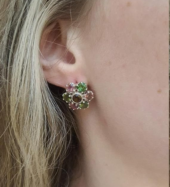 Flower Earrings, Tourmaline Earrings, Natural Tourmaline, October Earrings, Multicolor Earrings, October Birthstone, Flower Vintage Earrings