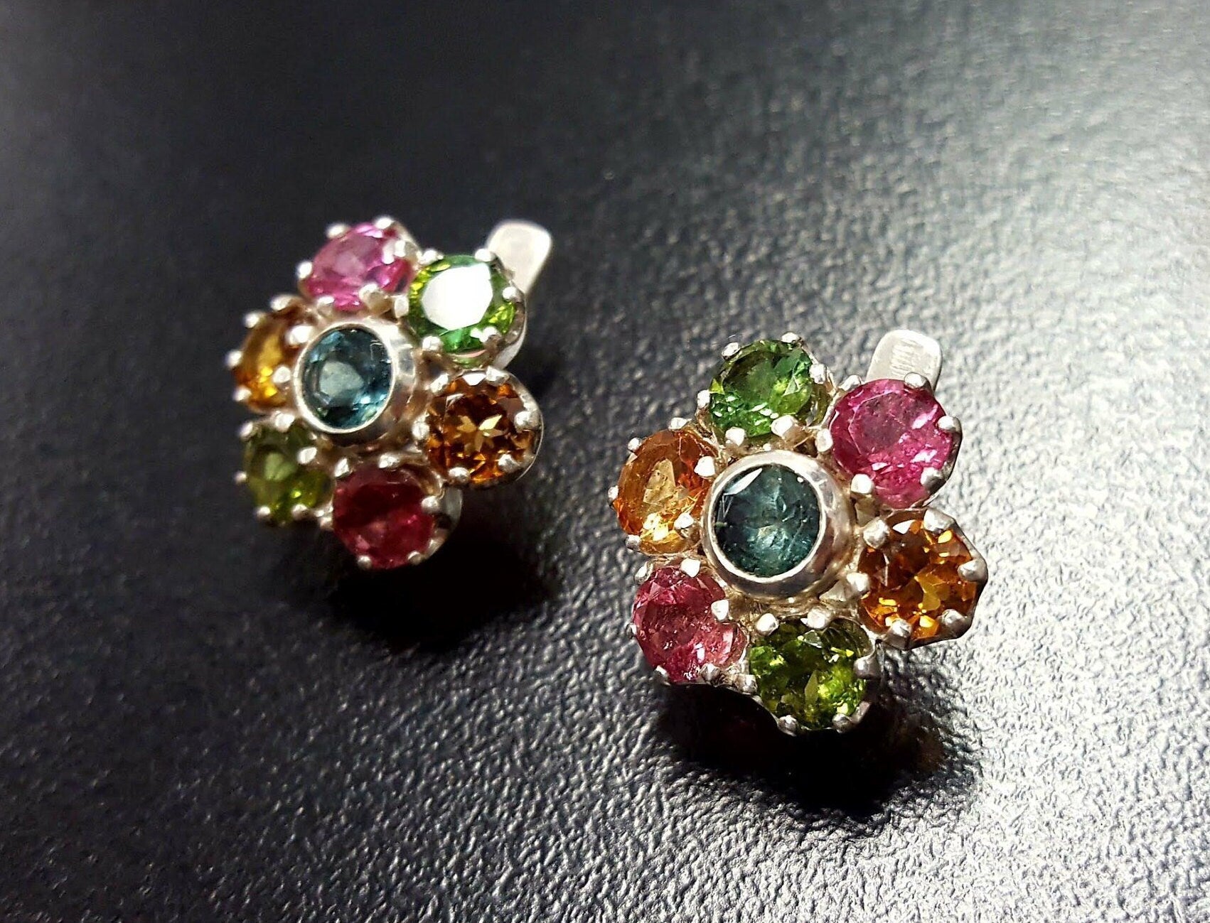 Flower Earrings, Tourmaline Earrings, Natural Tourmaline, October Earrings, Multicolor Earrings, October Birthstone, Flower Vintage Earrings