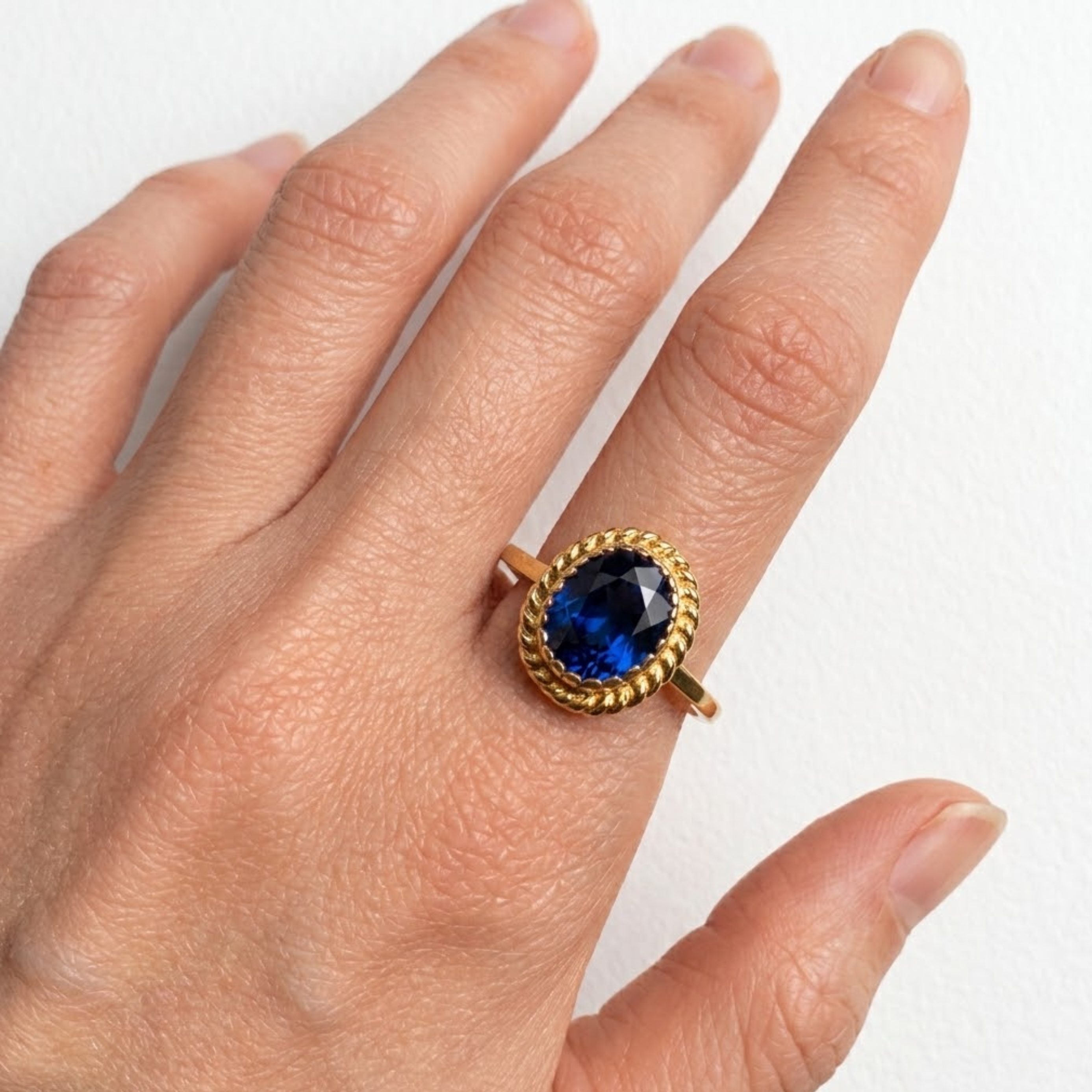 18k Gold Vermeil Created Sapphire Ring, Oval Blue Sapphire in Solitaire, perfect September birthday gift, symbolizes loyalty and truth.