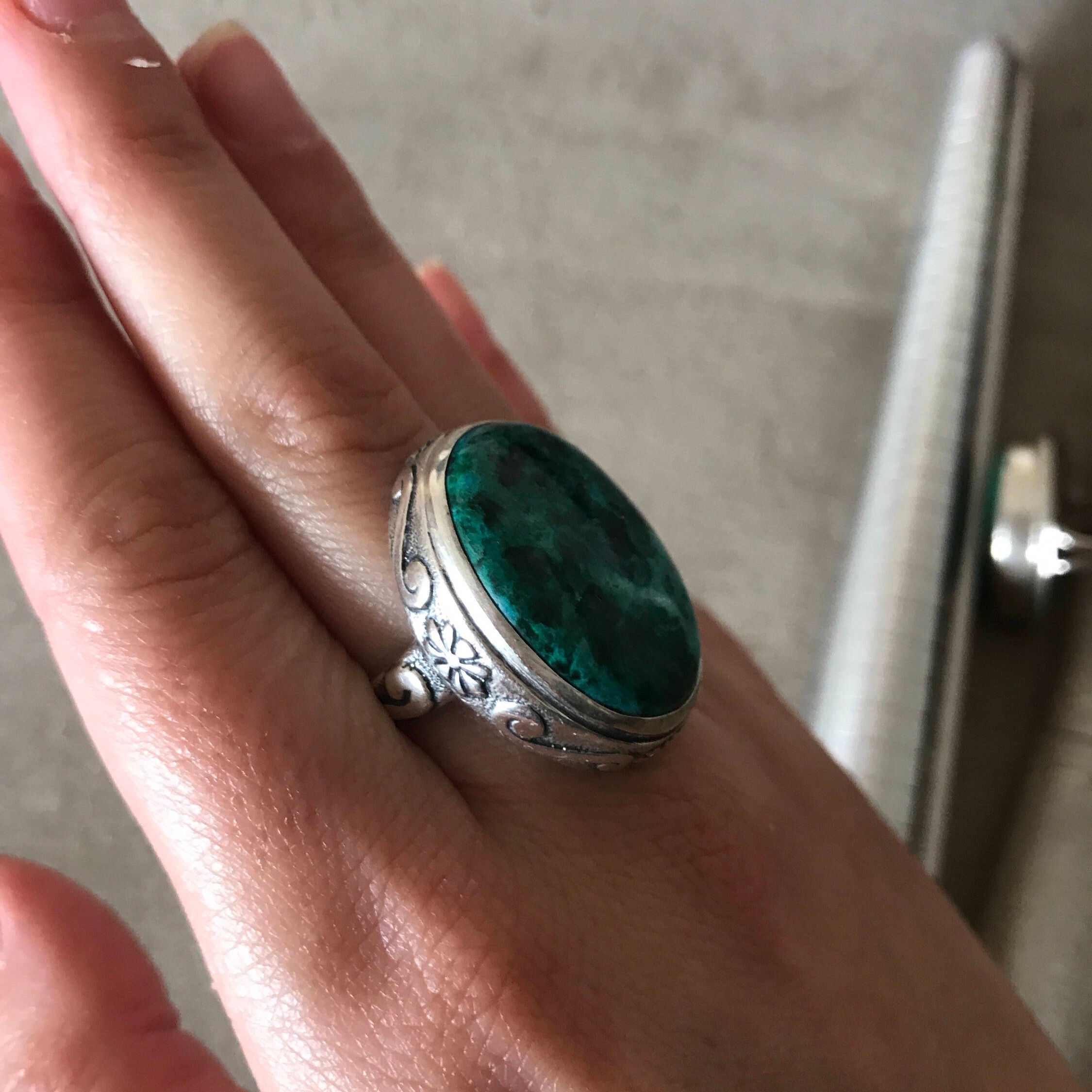 Large Blue Ring, Natural Chrysocolla, Statement Ring, Vintage Blue Rings, Sagittarius Birthstone, Solid Silver Ring, Blue Gem, Chrysocolla