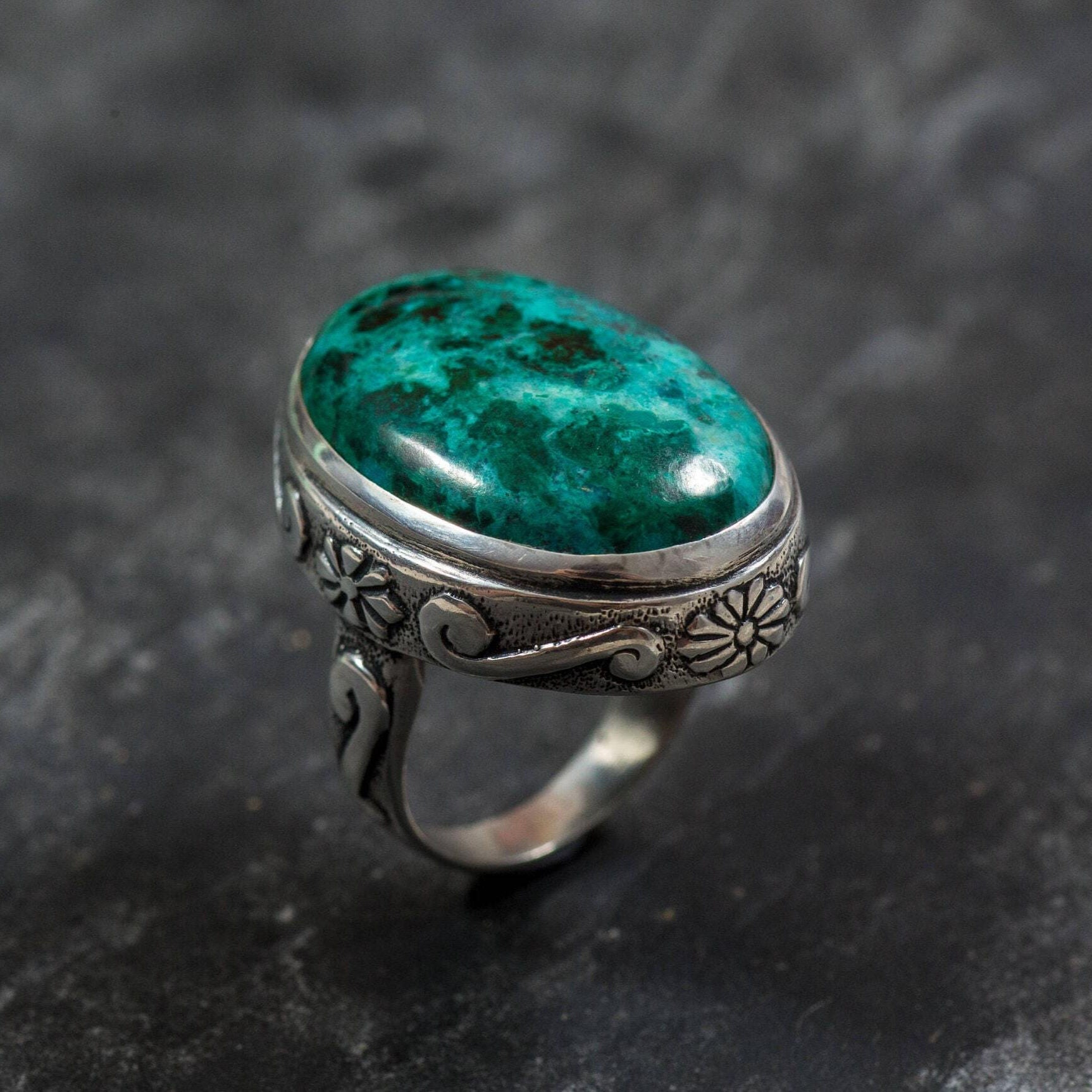 Large Blue Ring, Natural Chrysocolla, Statement Ring, Vintage Blue Rings, Sagittarius Birthstone, Solid Silver Ring, Blue Gem, Chrysocolla