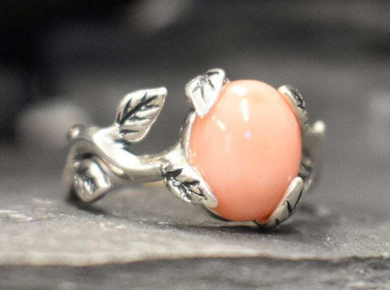 Coral Ring, Natural Coral Ring, March Birthstone, Silver Leaf Ring, Vintage Coral Ring, Angel Skin Coral Ring, Pink Coral, Solid Silver Ring