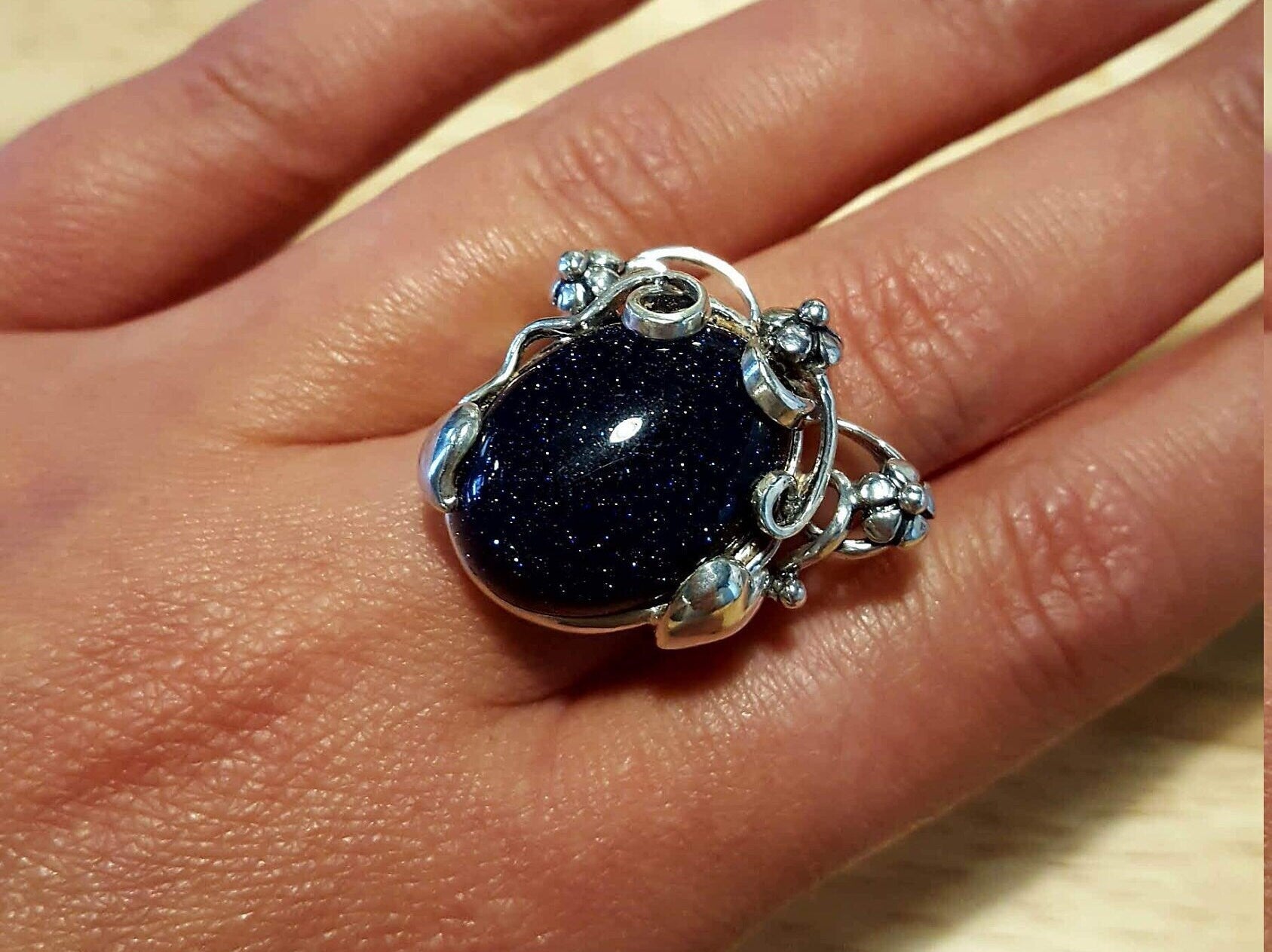 Dark Flower Ring, Blue Sandstone, Large Ring, Statement Ring, Vintage Ring, Blue Ring, Sagittarius Ring, Solid Silver Ring, Blue Sand Stone