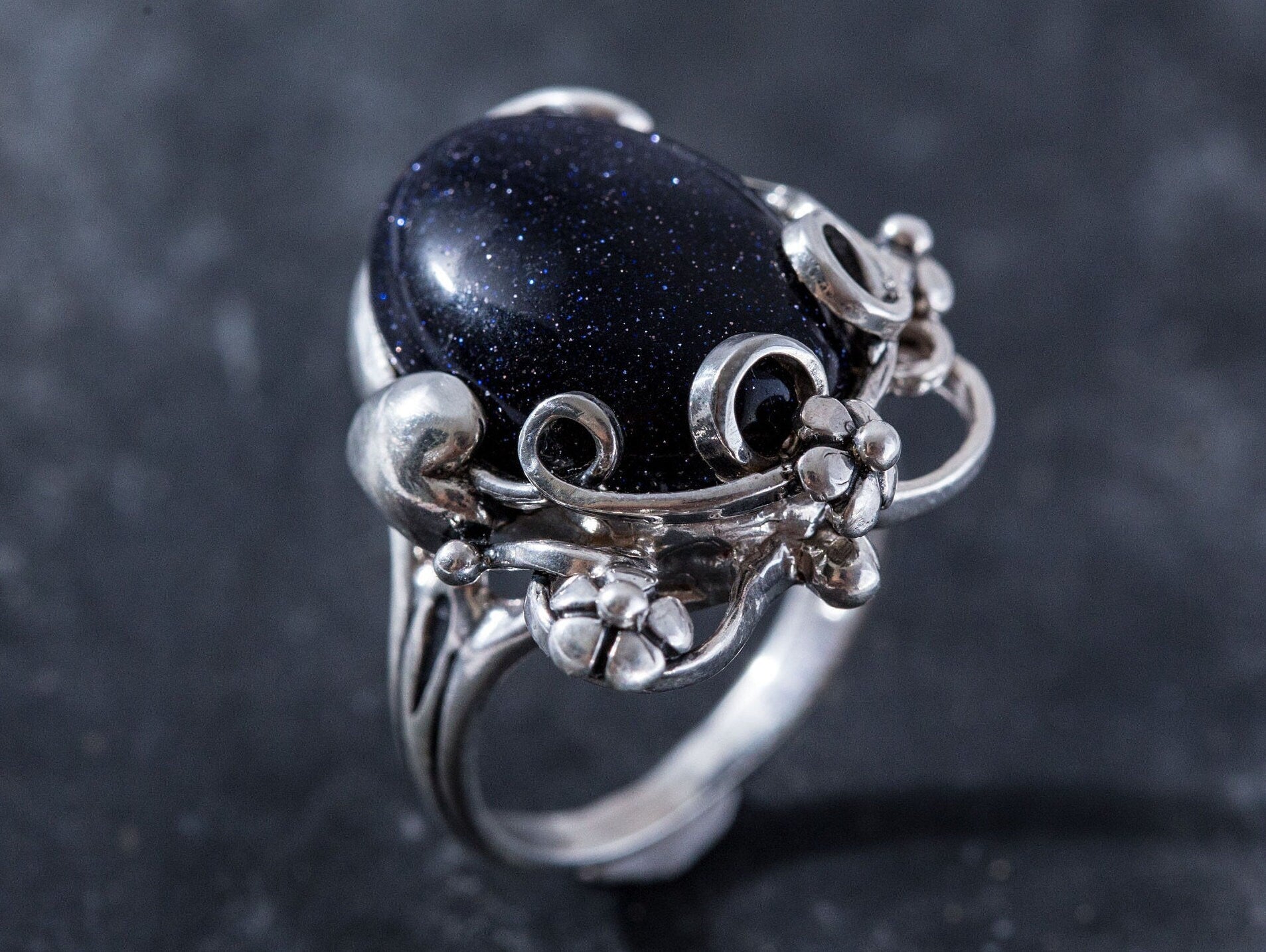Dark Flower Ring, Blue Sandstone, Large Ring, Statement Ring, Vintage Ring, Blue Ring, Sagittarius Ring, Solid Silver Ring, Blue Sand Stone