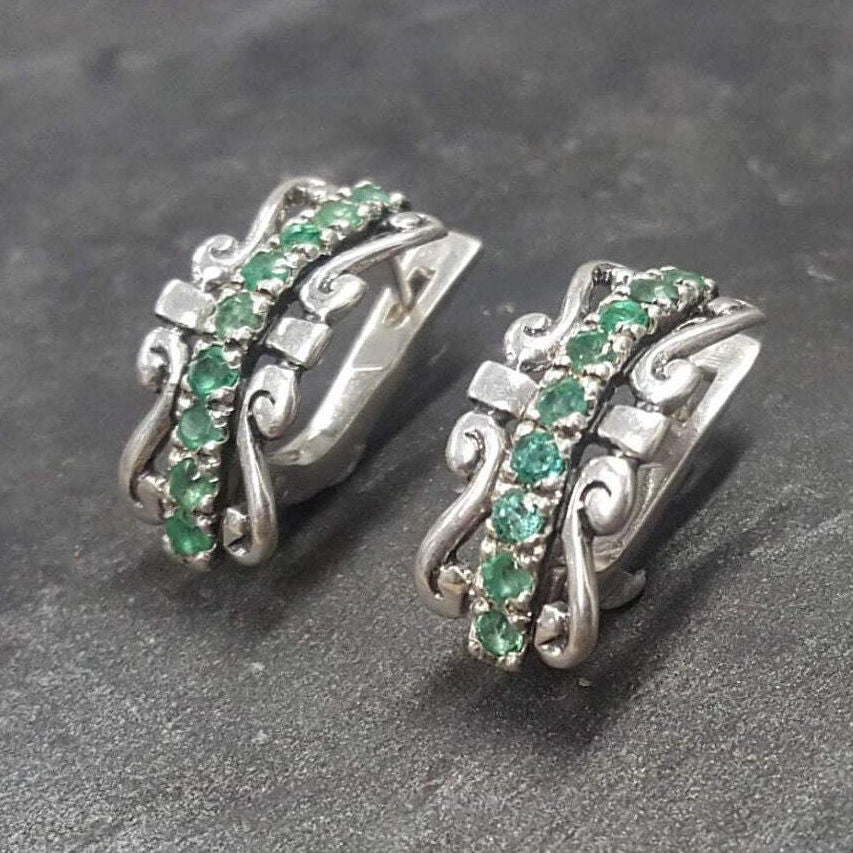 Emerald Earrings, Natural Emerald, Vintage Earrings, May Birthstone, Ornament Earrings, Antique Earrings, Artisan Earrings, Silver Earrings