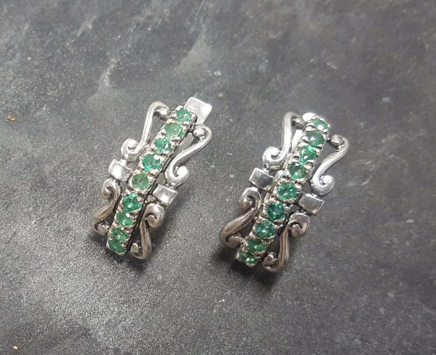 Emerald Earrings, Natural Emerald, Vintage Earrings, May Birthstone, Ornament Earrings, Antique Earrings, Artisan Earrings, Silver Earrings