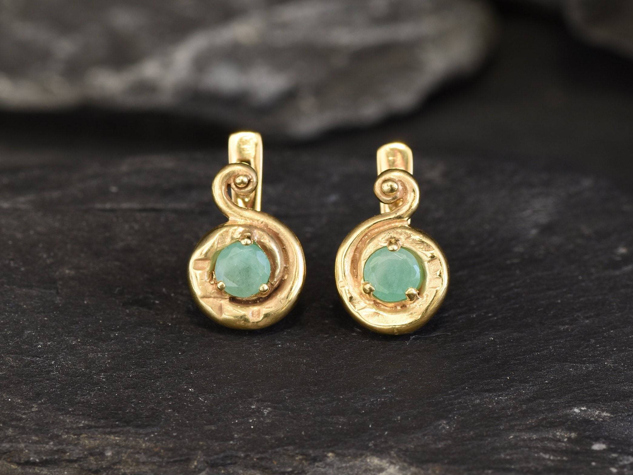 Natural Emerald Earrings made in 18k Gold Vermeil with Round Natural Green Emerald in Prong setting, May Birthstone gift idea, symbolizes growth, harmony, and deep emotional healing, ideal for everyday wear and perfect for birthday gifting and special occasions.